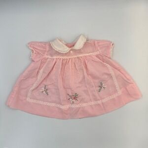 Vtg 60s Baby Togs Pink Dress |Lace Collar & Floral Embroidery| 6-12 mo/Baby Doll